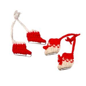 Crochet Ice Skate Christmas Tree Ornaments Red & White Handmade Vintage